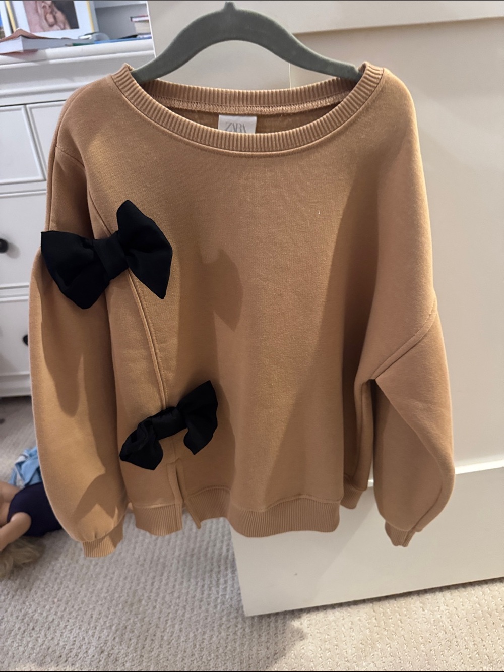 ZARA Camel Crewneck Sweater with Black Bow Accents